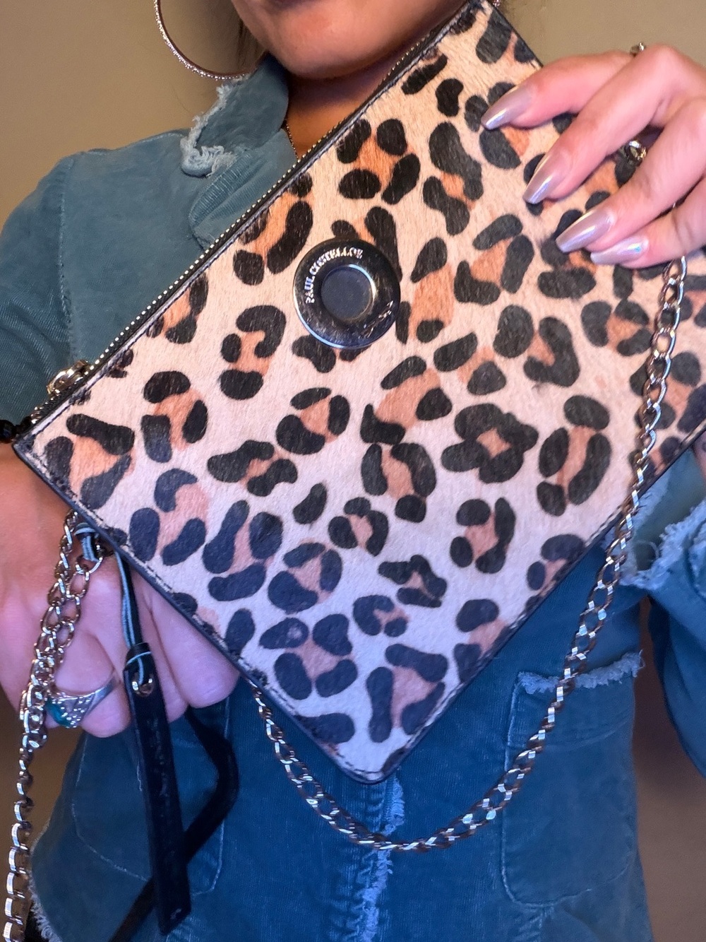 Leopard Print Crossbody Bag with Chain Strap - Black and Tan
